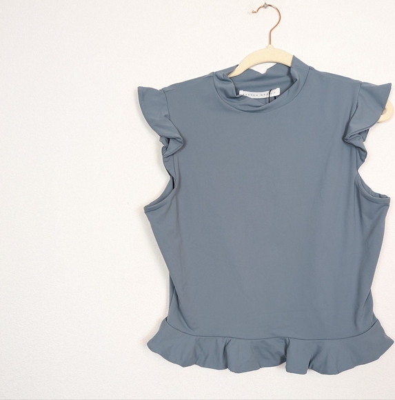 NWT Susana Monaco Grey Blue Jersey Ruffle Mock Neck Top - Picture 3 of 8